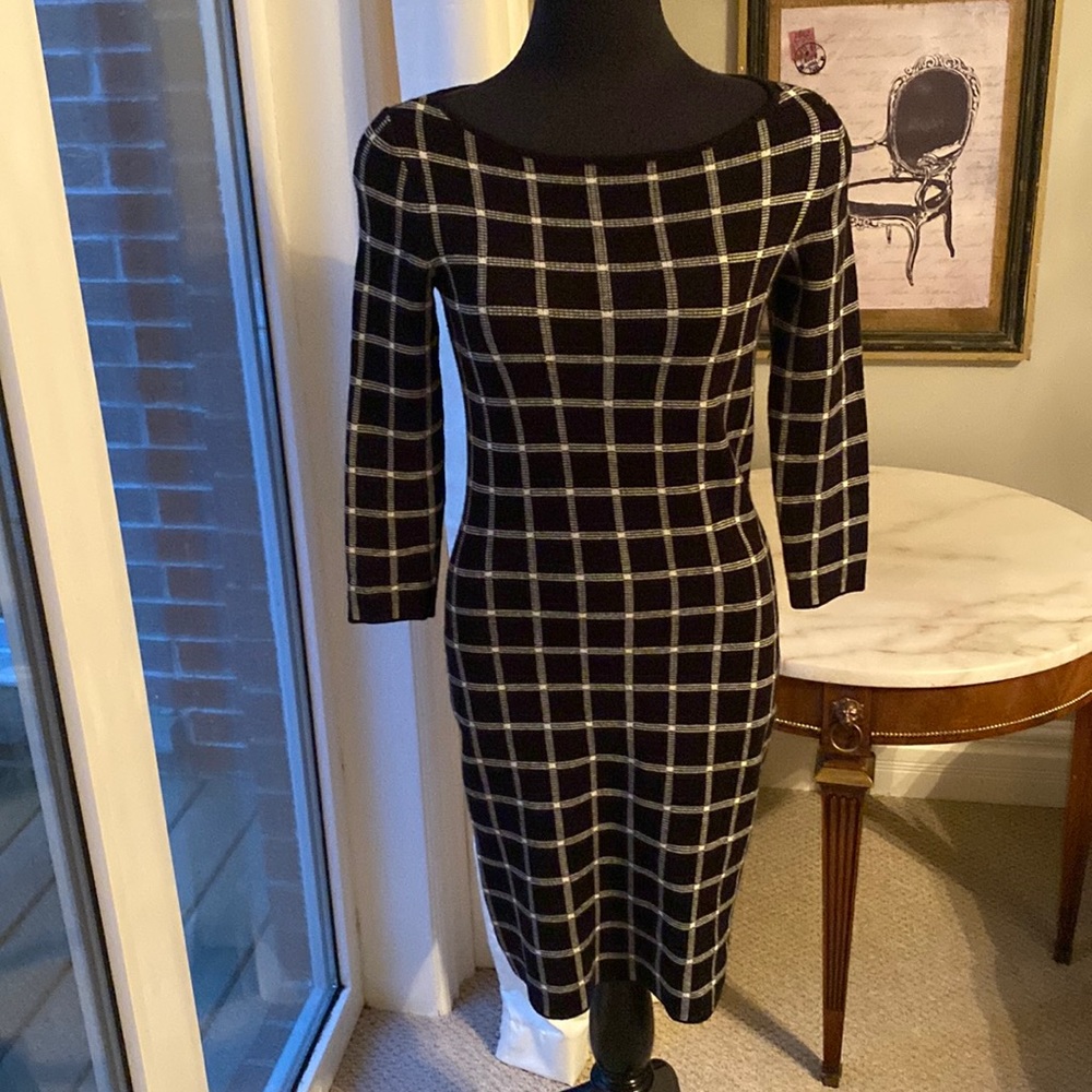 RALPH LAUREN KNIT BLACK AND WHITE WINDOW PANE PATTERN DRESS